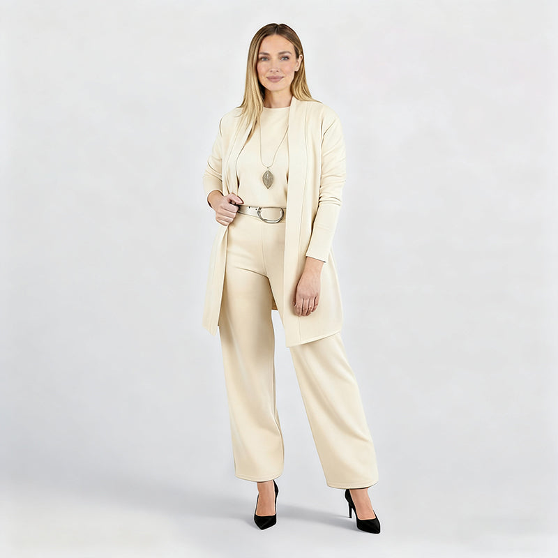 Elena – Conjunto elegante de mujer 3 piezas (chamarra, top y pantalón)